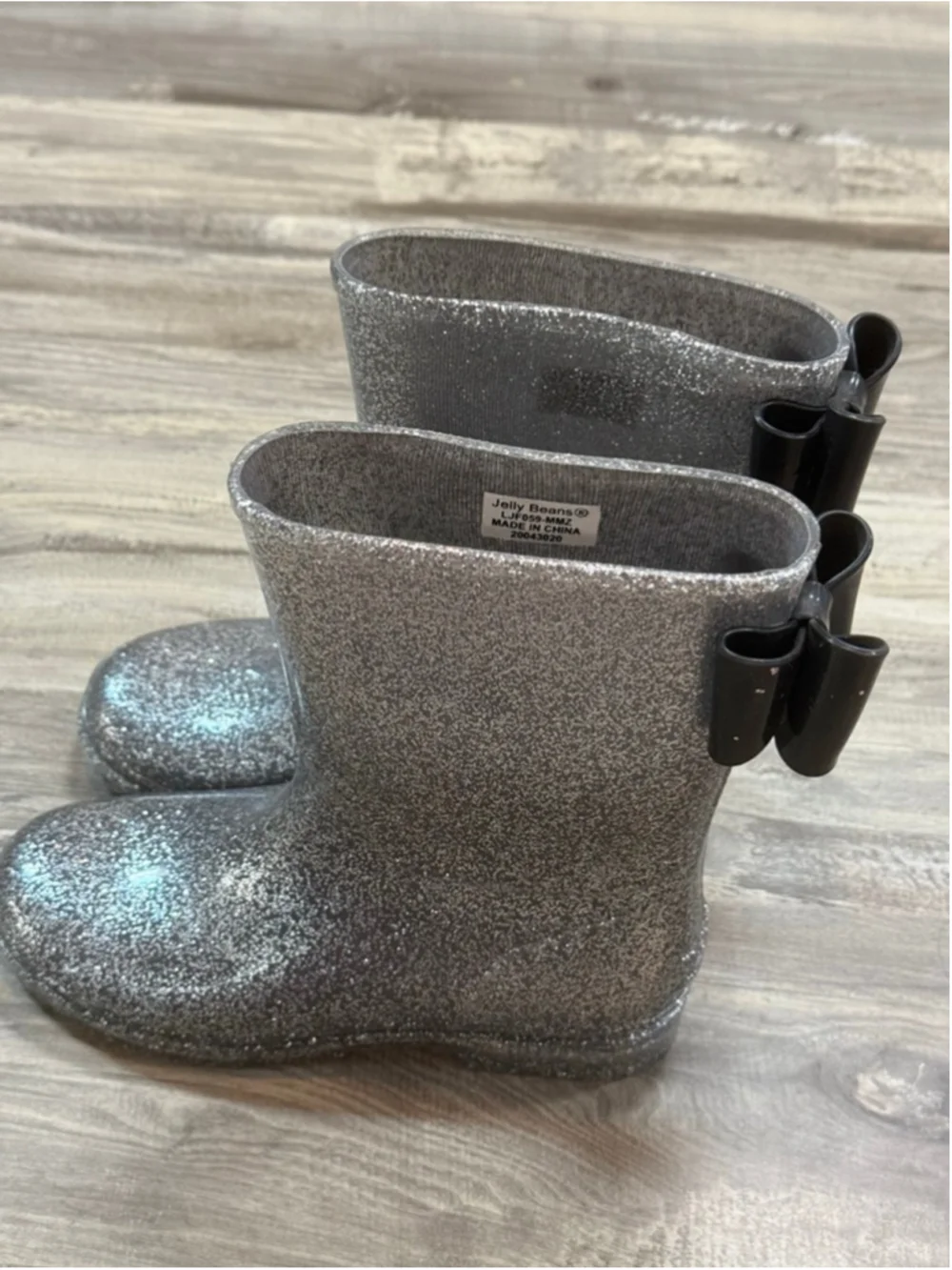 Jelly Beans Girls Silver Glitter Rain Boots Black Bow Size 2 - Picture 4 of 5